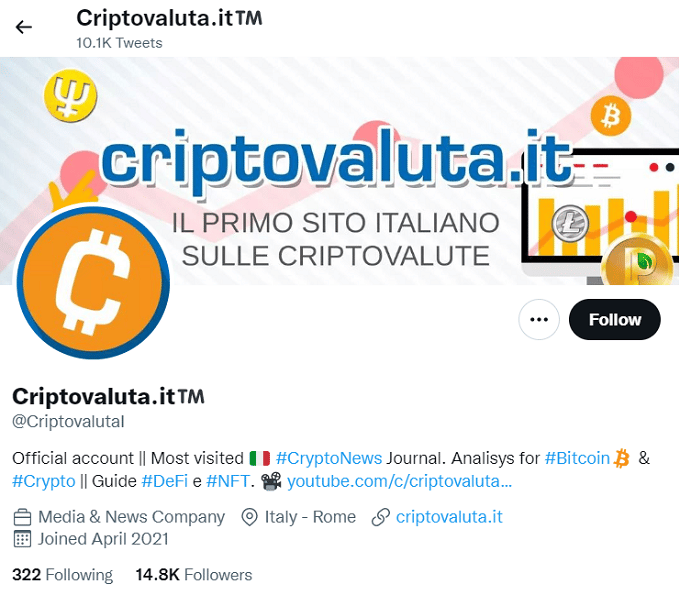 Profilo Twitter di Criptovaluta.it