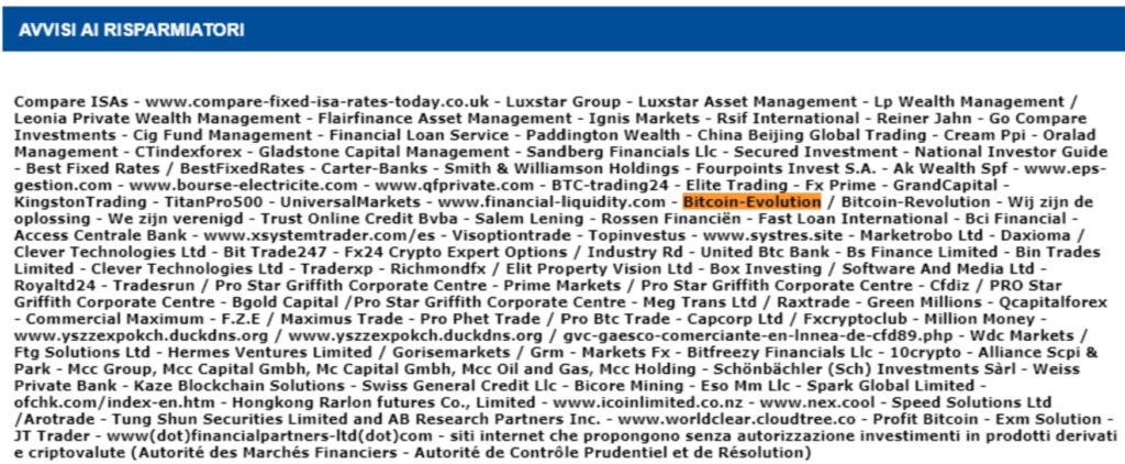Segnalazione di Bitcoin Evolution - Consob